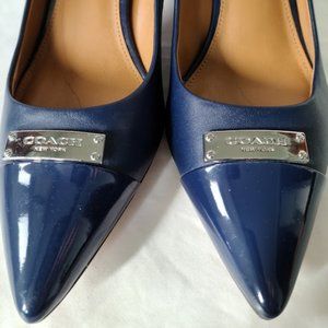 Womens Coach Zan tumbled leather patent navy cap toe heels sz 8M